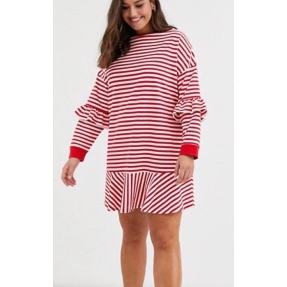 ASOS Curve Sweatshirt Dress Women Size 16 Red White Stripe Ruffle Sleeve Mini